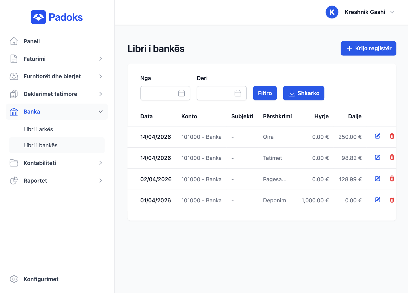 Regjistra të arkës dhe bankës