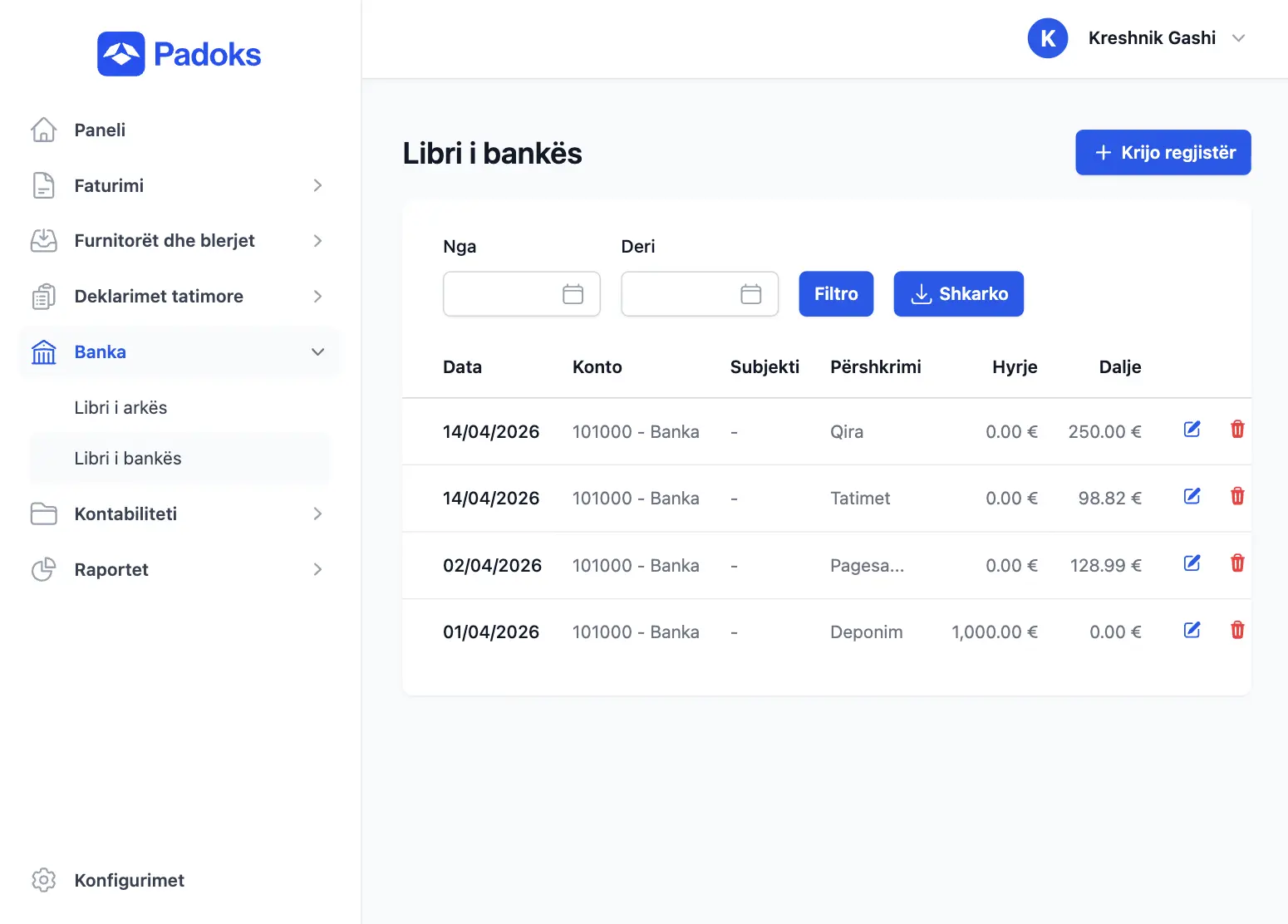 Regjistra të arkës dhe bankës